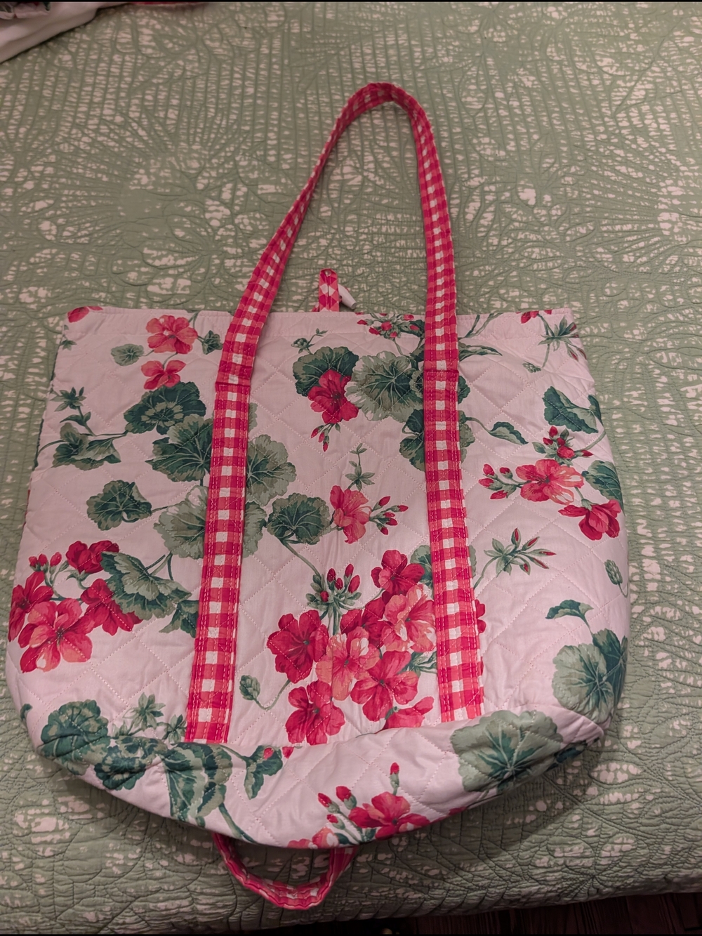 Quilted Floral Tote Bag with Pink Gingham Straps